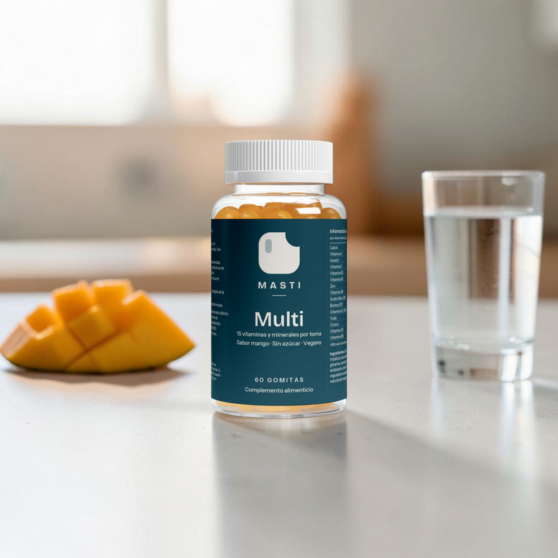 Bote de Gomitas Multivitamínico Masti con mango sobre la encimera de una cocina